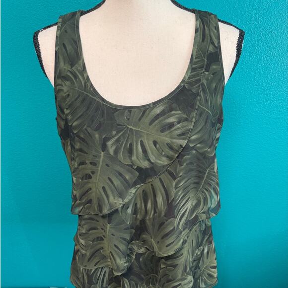 Michael Kors Green Botanical Layered Ruffle Round Neck Sleeveless Blouse Medium - Picture 4 of 12